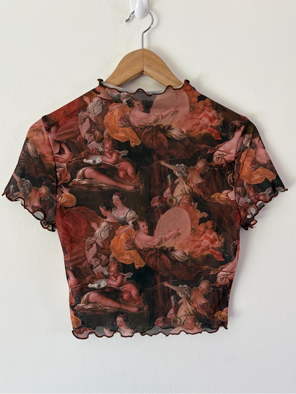 Mesh Short Sleeve Renaissance Religious Angel Print Crop Mock Neck Sheer Top